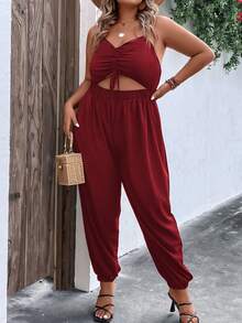SHEIN LUNE Plus Drawstring Front Cut Out Ruched Cami Jumpsuit - Burgundy - View 6