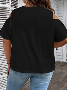 SHEIN LUNE 大碼拼接水溶蕾絲挖肩上衣 - 黑色 - 查看 2
