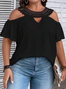 SHEIN LUNE 大碼拼接水溶蕾絲挖肩上衣 - 黑色 - 查看 6