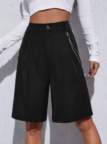 SHEIN Frenchy Zipper Fly Solid Chain Detail Shorts - Black - View 1