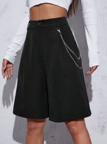 SHEIN Frenchy Zipper Fly Solid Chain Detail Shorts - Black - View 3