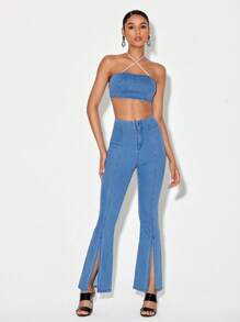 MELIKE FIRAT 牛仔掛脖上衣&下擺開叉牛仔喇叭褲套裝 - 中等水洗藍 - 查看 1