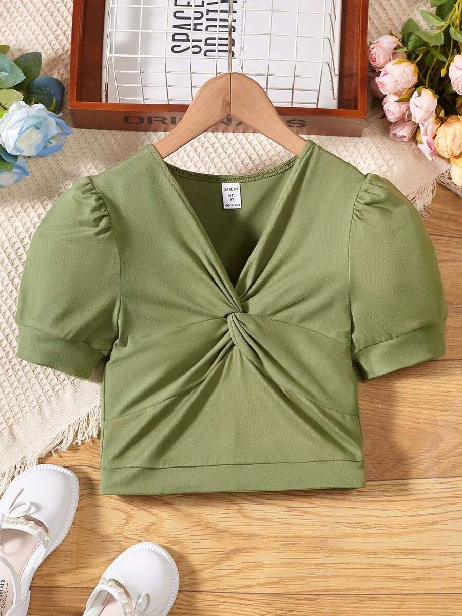 SHEIN Girls Twist Front Puff Sleeve Tee - Army Green - View 1