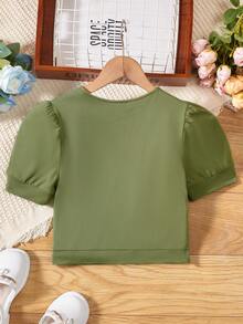 SHEIN Girls Twist Front Puff Sleeve Tee - Army Green - View 2