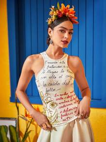 THE LOFTY MOM Frida Kahlo X SHEIN X Designer Slogan & Figure Graphic Tank Top - White - View 1