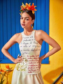 THE LOFTY MOM Frida Kahlo X SHEIN X Designer Slogan & Figure Graphic Tank Top - White - View 6