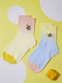 TOM & JERRY X SHEIN 2pairs Cat & Mouse Embroidery Crew Socks - Multicolor - View 1