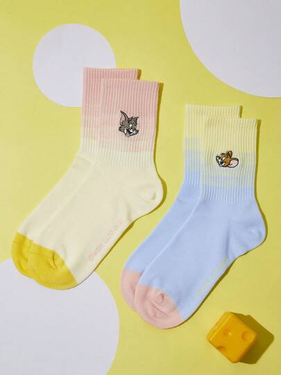 TOM & JERRY X SHEIN 2pairs Cat & Mouse Embroidery Crew Socks