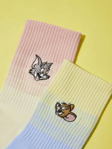 TOM & JERRY X SHEIN 2pairs Cat & Mouse Embroidery Crew Socks - Multicolor - View 7