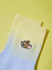 TOM & JERRY X SHEIN 2pairs Cat & Mouse Embroidery Crew Socks - Multicolor - View 9