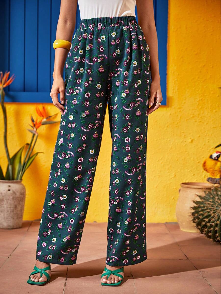 PANUCO Frida Kahlo X SHEIN X Designer 字母和花卉印花彈性腰帶長褲 - 彩色 - 查看 1