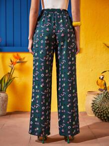 PANUCO Frida Kahlo X SHEIN X Designer 字母和花卉印花彈性腰帶長褲 - 彩色 - 查看 2