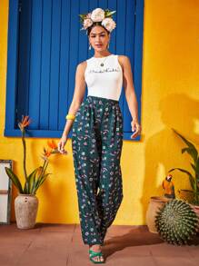 PANUCO Frida Kahlo X SHEIN X Designer 字母和花卉印花彈性腰帶長褲 - 彩色 - 查看 3