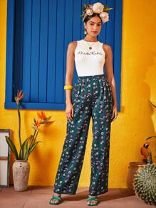 PANUCO Frida Kahlo X SHEIN X Designer 字母和花卉印花彈性腰帶長褲 - 彩色 - 查看 4