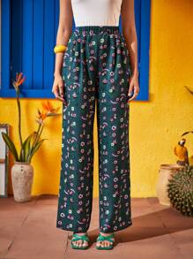 PANUCO Frida Kahlo X SHEIN X Designer 字母和花卉印花彈性腰帶長褲 - 彩色 - 查看 6