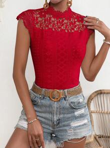 SHEIN Clasi Áo thun nữ Tương phản ren Tranh thêu màu trơn Giải trí - Đỏ - Xem 1