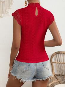 SHEIN Clasi Áo thun nữ Tương phản ren Tranh thêu màu trơn Giải trí - Đỏ - Xem 2