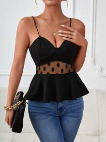 SHEIN Privé Contrast Mesh Peplum Cami Top - Black - View 3