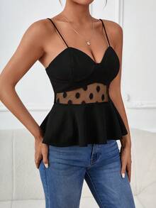 SHEIN Privé Contrast Mesh Peplum Cami Top - Black - View 4