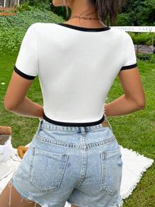 Soleia Contrast Binding Crop Tee - White - View 2