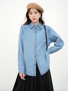 Camisa mezclilla unicolor con botón delantero - Lavado ligero - Ver 1