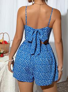 Soleia 小碎花後背繫帶吊帶連體短褲 - 藍白色 - 查看 4