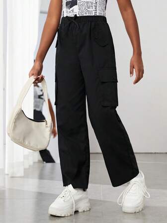 SHEIN 女孩側翻蓋口袋腰部抽繩工裝褲