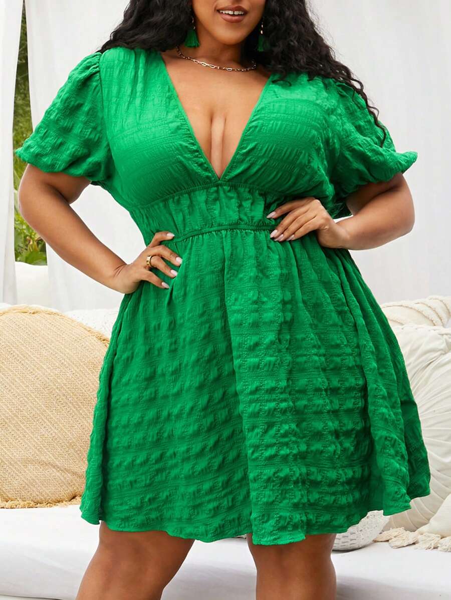 SHEIN CURVE+ Đầm Plus Size màu trơn Gợi cảm - màu xanh lá - Xem 1