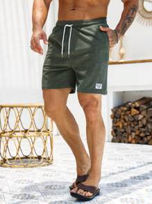 Manfinity Homme Men's Loose Fit Letter Patched Detail Drawstring Waist Shorts Board Plain Olive Green Boyfriend Gift , Corduroy