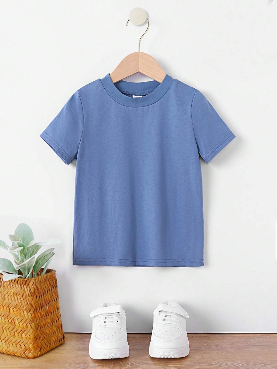 SHEIN Toddler Boys Solid Round Neck Tee - Blue - View 1