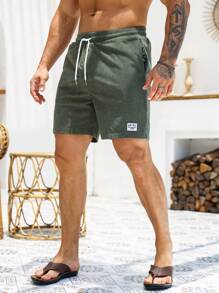 Manfinity Homme Men's Loose Fit Letter Patched Detail Drawstring Waist Shorts Board Plain Olive Green Boyfriend Gift , Corduroy