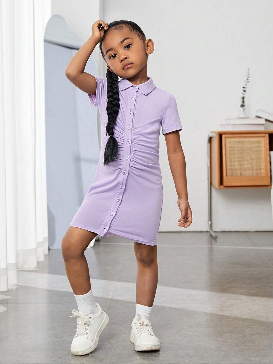 SHEIN Niñas Vestido fruncido con botón delantero - Lila Púrpura - Ver 1