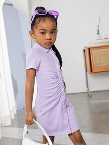 SHEIN Niñas Vestido fruncido con botón delantero - Lila Púrpura - Ver 5