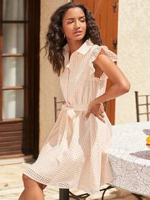 SHEIN Frenchy Ruffle Trim Belted Dress - Apricot - View 6