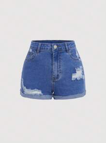 SHEIN Teen Girls Ripped Roll Up Hem Denim Shorts - Medium Wash - View 1