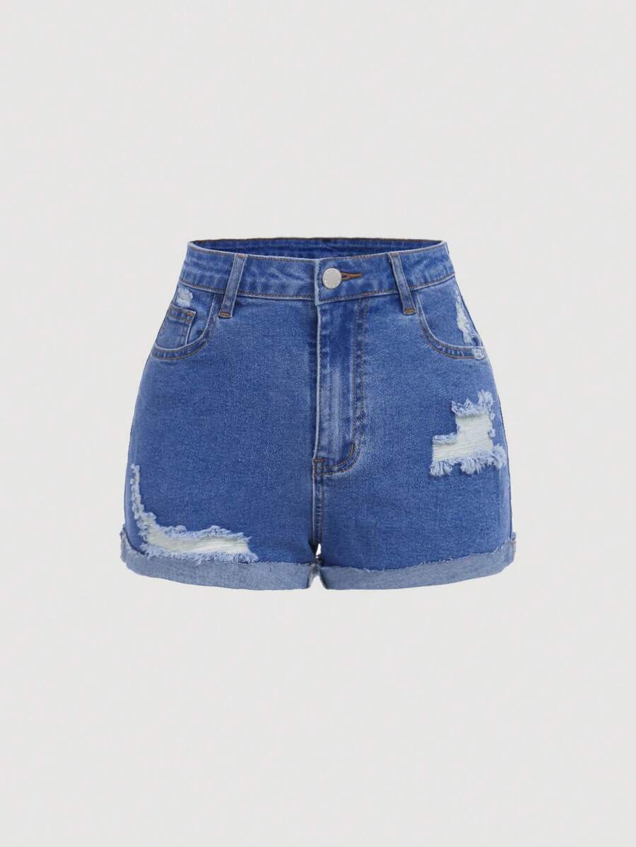 SHEIN Teen Girls Ripped Roll Up Hem Denim Shorts - Medium Wash - View 1