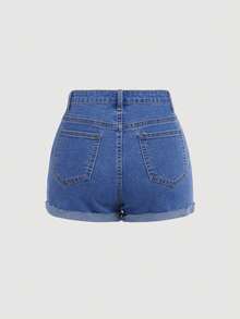 SHEIN Teen Girls Ripped Roll Up Hem Denim Shorts - Medium Wash - View 2