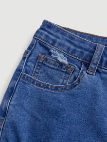 SHEIN Teen Girls Ripped Roll Up Hem Denim Shorts - Medium Wash - View 4