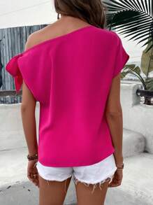 SHEIN Clasi 素色不對稱領蝙蝠袖襯衫 - 玫紅色 - 查看 2