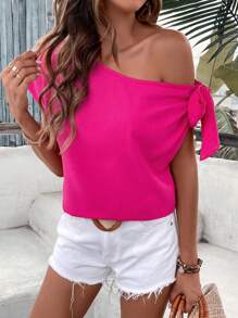 SHEIN Clasi 素色不對稱領蝙蝠袖襯衫 - 玫紅色 - 查看 4