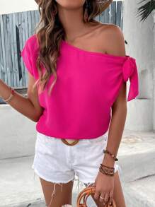 SHEIN Clasi 素色不對稱領蝙蝠袖襯衫 - 玫紅色 - 查看 1