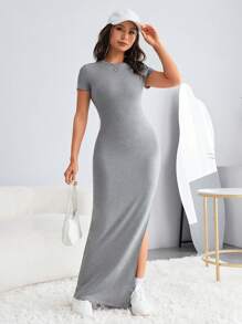 SHEIN EZwear 素色高衩連衣裙 - 淺灰色 - 查看 4