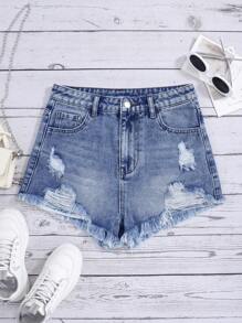 SHEIN Bé Gái Quần Shorts Denim Nút Túi Hem thô Bị tách Dây kéo màu trơn - Rửa trung bình - Xem 1