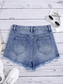 SHEIN Bé Gái Quần Shorts Denim Nút Túi Hem thô Bị tách Dây kéo màu trơn - Rửa trung bình - Xem 2