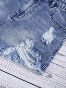 SHEIN Bé Gái Quần Shorts Denim Nút Túi Hem thô Bị tách Dây kéo màu trơn - Rửa trung bình - Xem 3