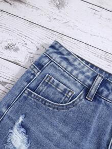 SHEIN Bé Gái Quần Shorts Denim Nút Túi Hem thô Bị tách Dây kéo màu trơn - Rửa trung bình - Xem 5