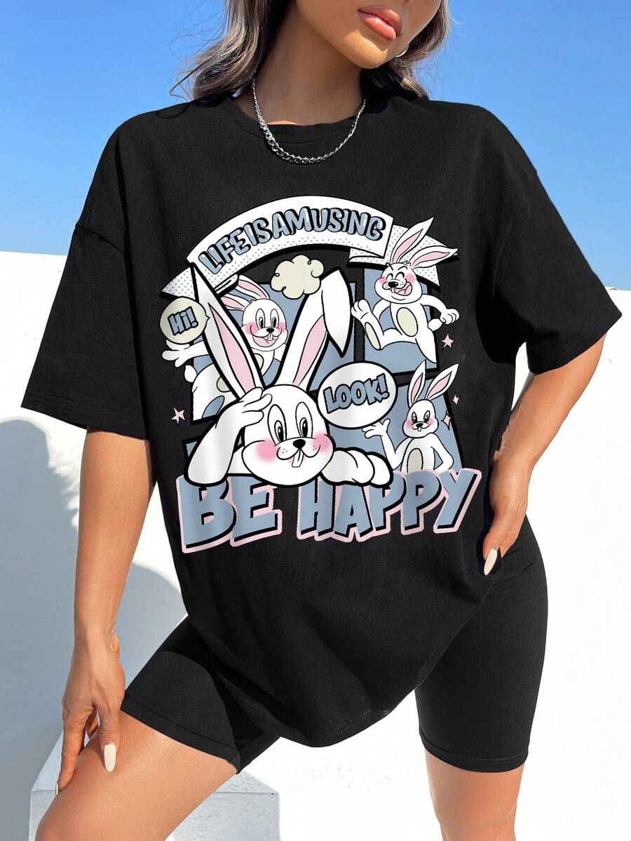 SHEIN EZwear 卡通和標語圖案落肩袖超大號T恤 - 黑色 - 查看 1