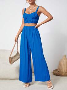 SHEIN PETITE Solid Cami Top & Wide Leg Trousers - Blue - View 4