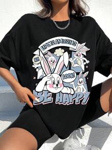 SHEIN EZwear 卡通和標語圖案落肩袖超大號T恤 - 黑色 - 查看 4