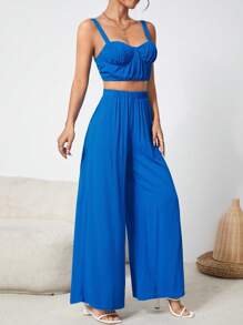 SHEIN PETITE Solid Cami Top & Wide Leg Trousers - Blue - View 6